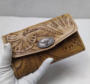 Sergios Collection Brown Leather Floral Buffalo Credit Card Trifold Wallet
